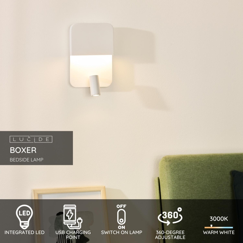 Lucide BOXER - Nástenné svietidlo - LED - 1x10W 3000K - S USB nabíjacím bodom - Biele